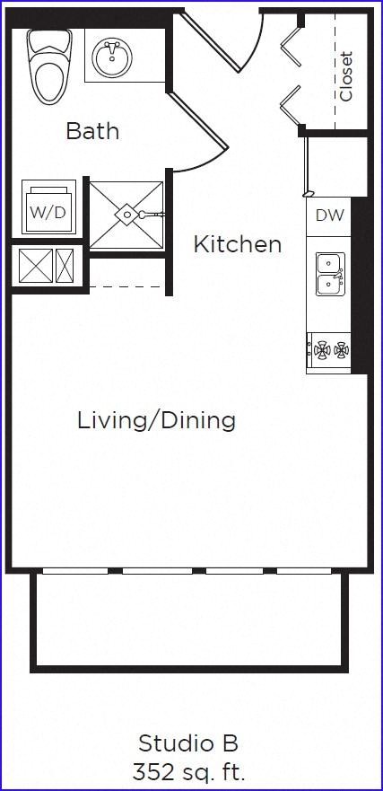 Floor plan for studio, 1 bath, 352 sqft